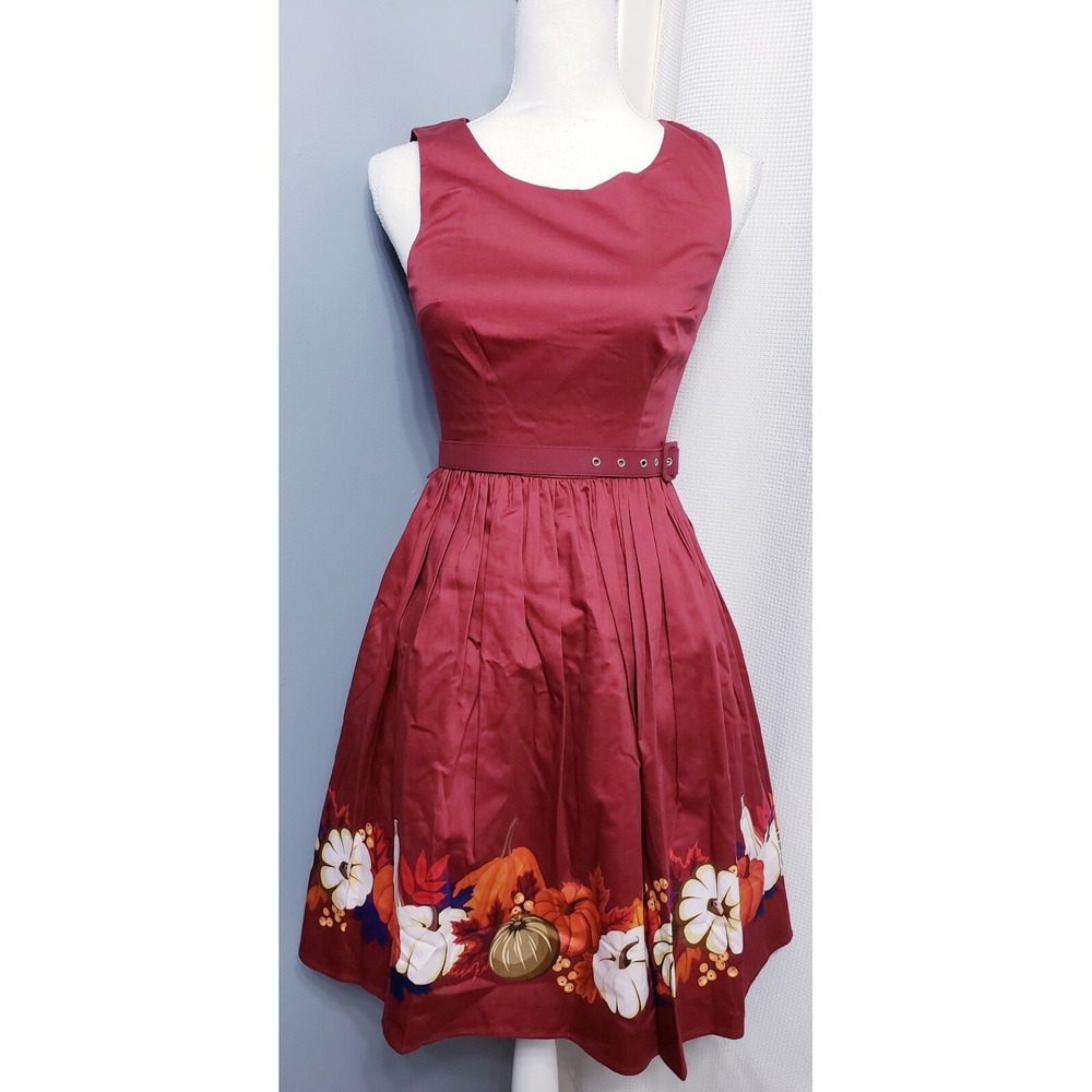 ModCloth Burgundy Pumpkin Print Fit Flare Belted Midi Dress Womans size SMALL - Picture 2 of 7